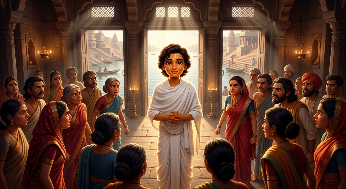 12yo Kabir standing calmly in pure white clothes facing the angry assembly without fear