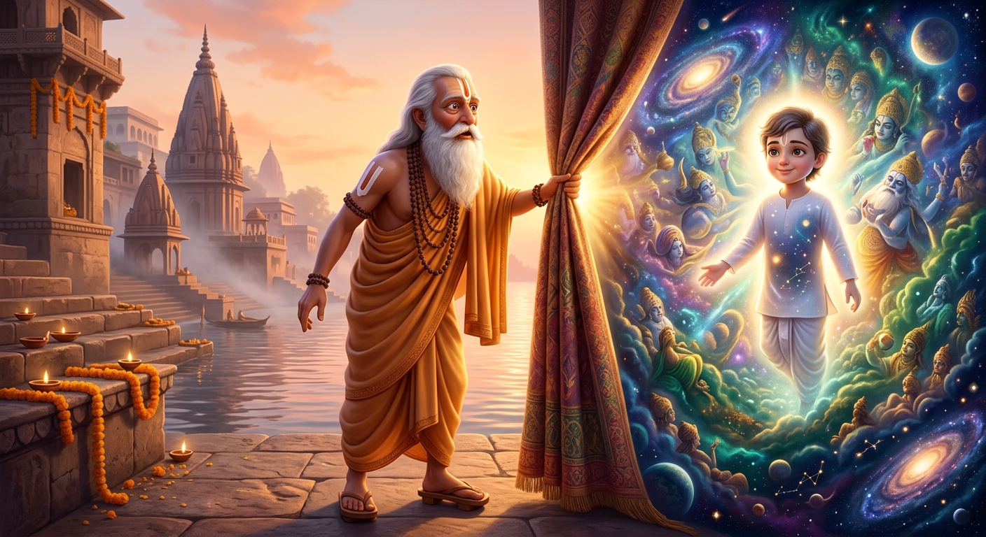 Swami Ramanand drawing aside the curtain in overwhelming divine realization seeing the Supreme Master