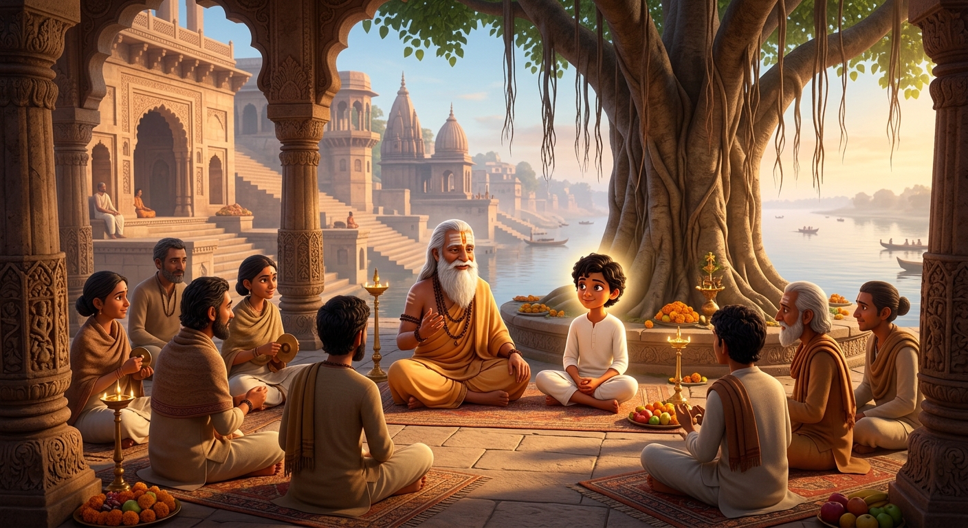 Sunlit courtyard of Swami Ramanand's ashram with 12yo Kabir in pure white clothes sitting in Satsang