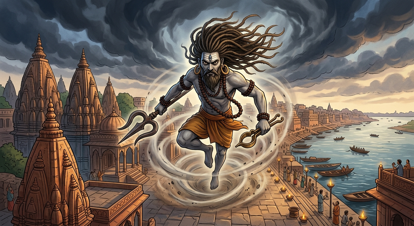 Sudden supernatural yogic storm and dark clouds swirling over the temple spires as Gorakhnath descends