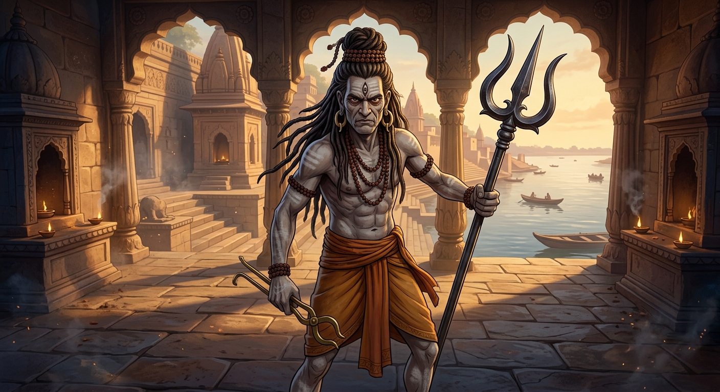 Gorakhnath standing powerfully in the courtyard with ash-smeared chest, kundal earrings, and heavy iron trishul