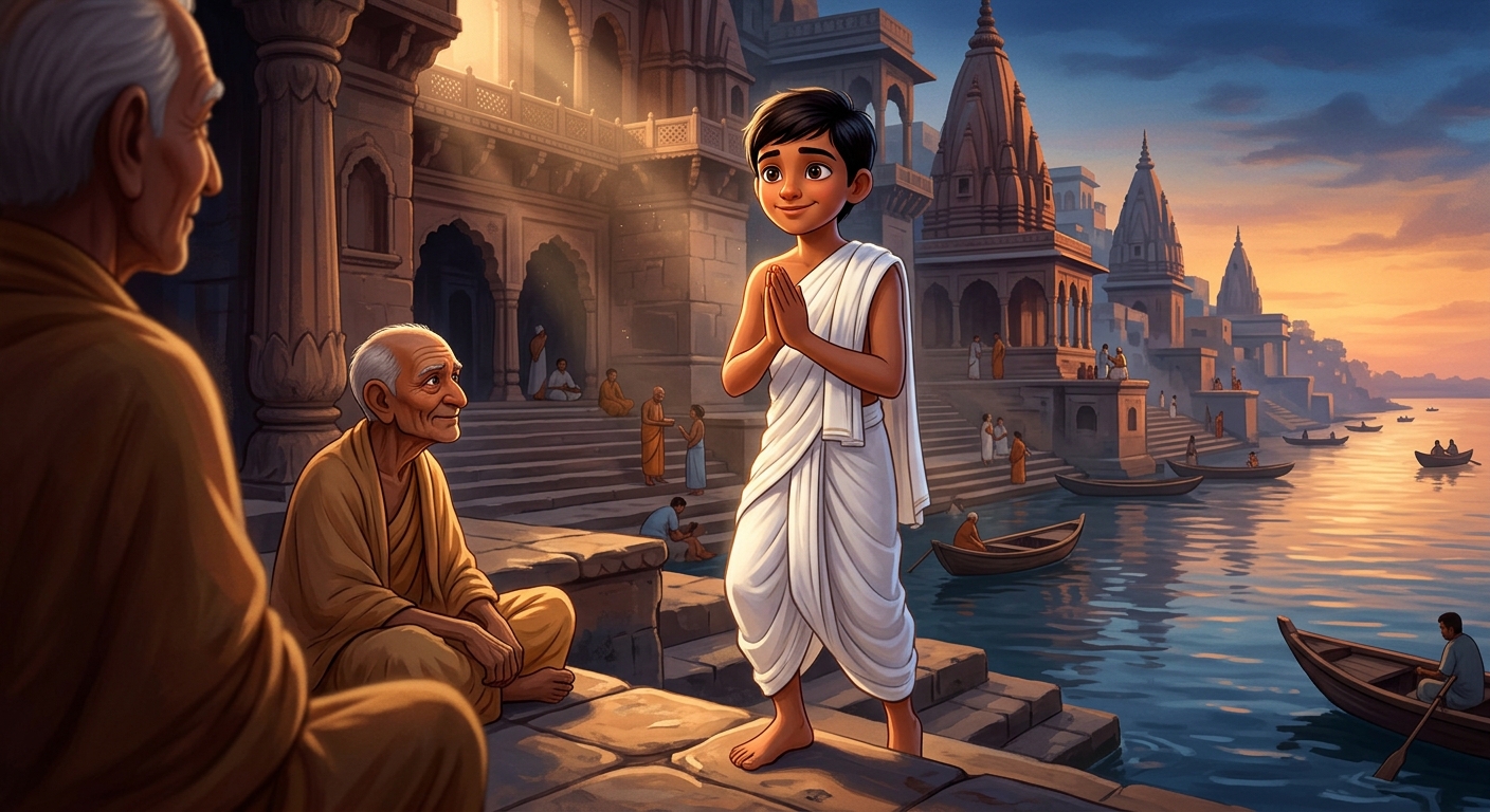 12yo Kabir calmly rising in pure white dhoti stepping in front of the master with folded hands
