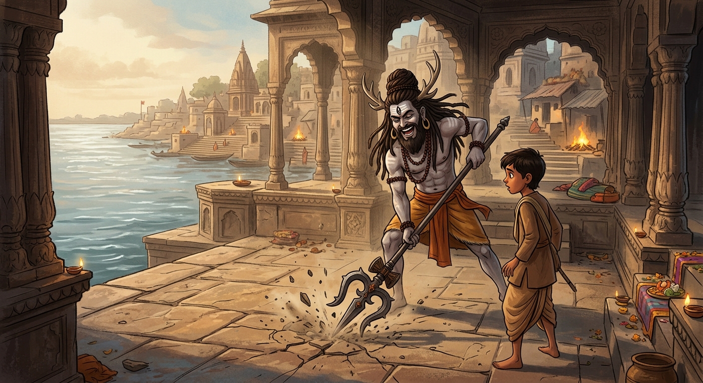 Gorakhnath laughing in mockery slamming his heavy iron trident into the stone floor