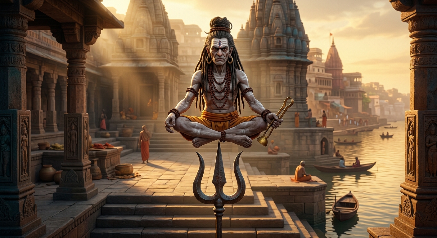 Gorakhnath levitating and sitting cross-legged on the middle sharp prong of the trident