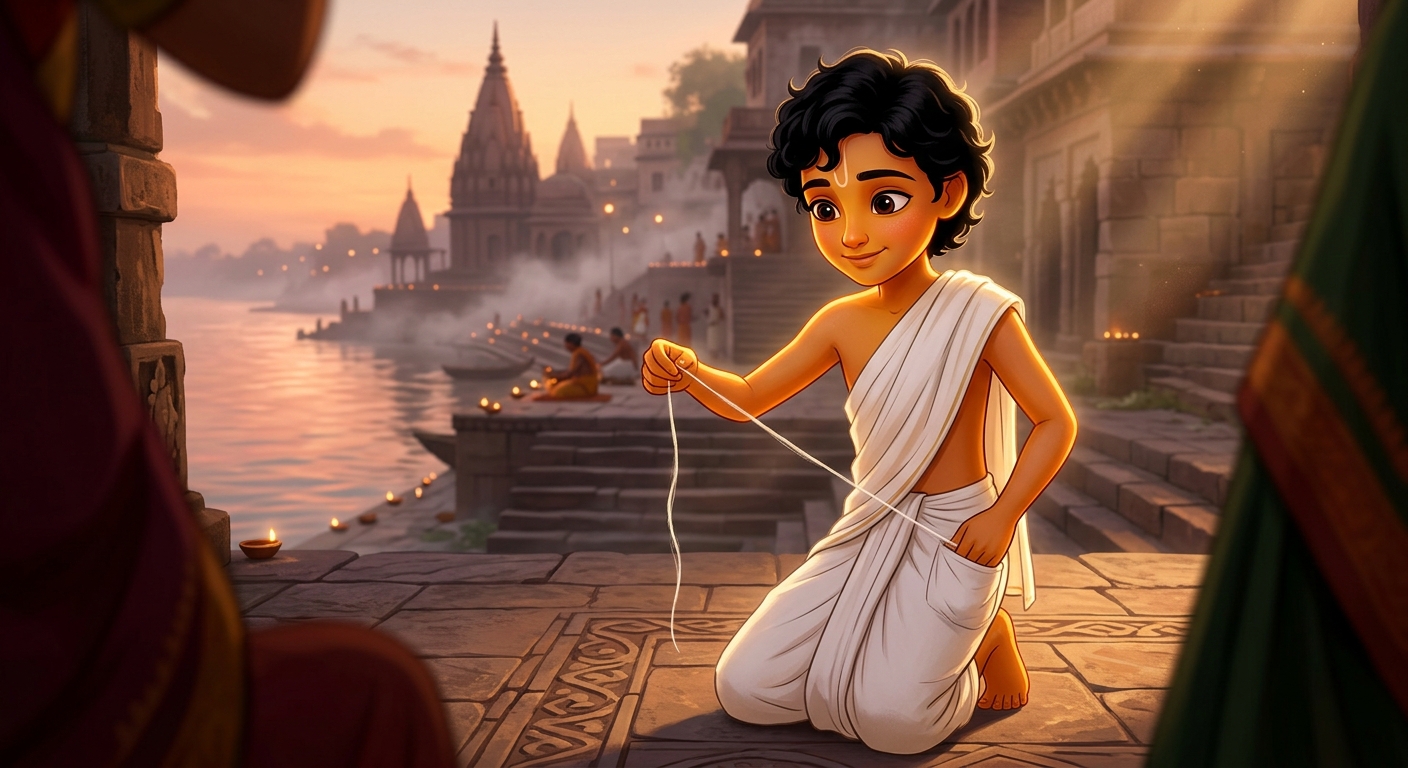 12yo Kabir taking a single delicate strand of unspun raw cotton thread from his pocket