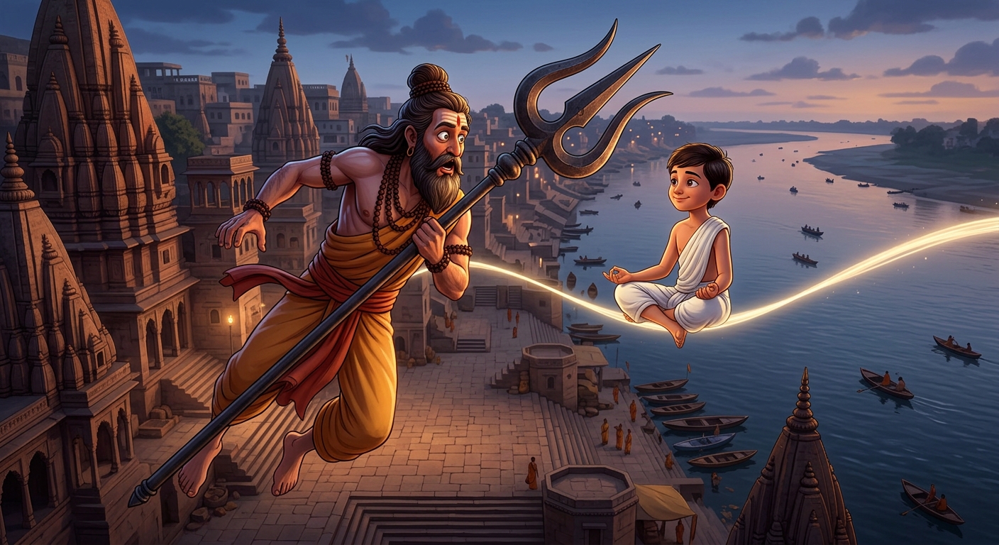 Gorakhnath on iron trident staring in shock as Kabir speaks from the thread