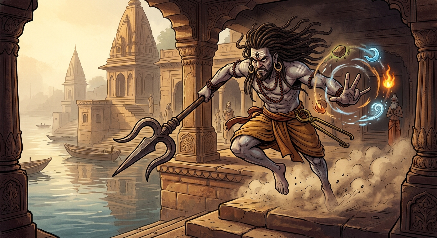 Gorakhnath descending in frustration performing intense mudras