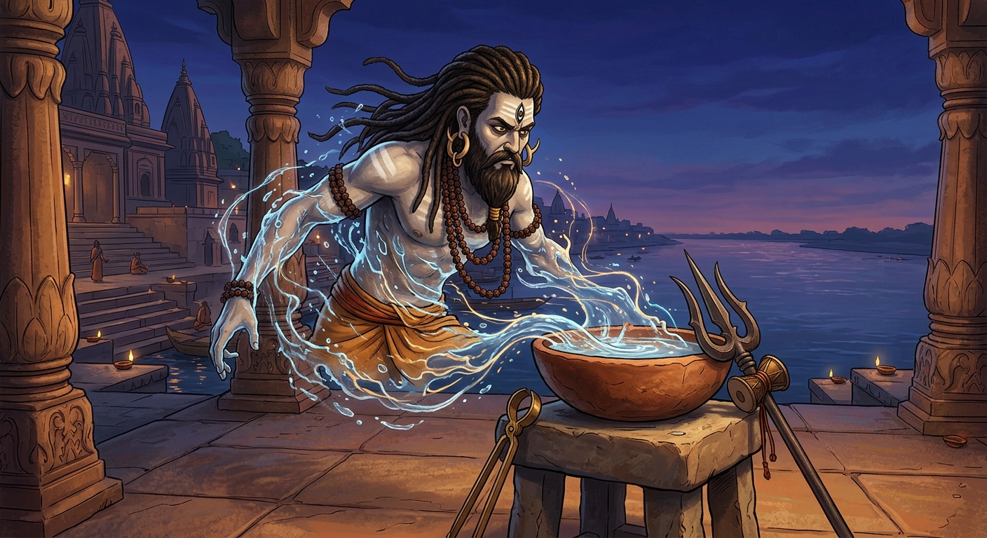 Gorakhnath dissolving his body into water merging into a clay bowl of Ganga water