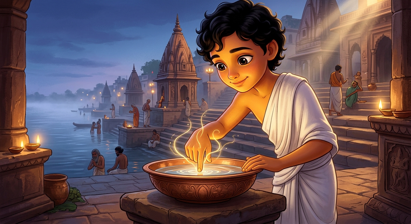 Kabir gently dipping his finger into the water bowl extracting Gorakhnath's life-force