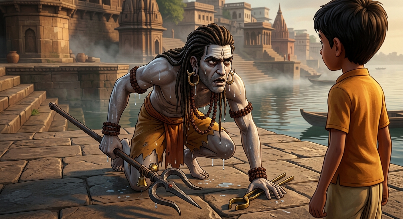 Gorakhnath forced to re-materialize onto the stone ground dripping with water gasping