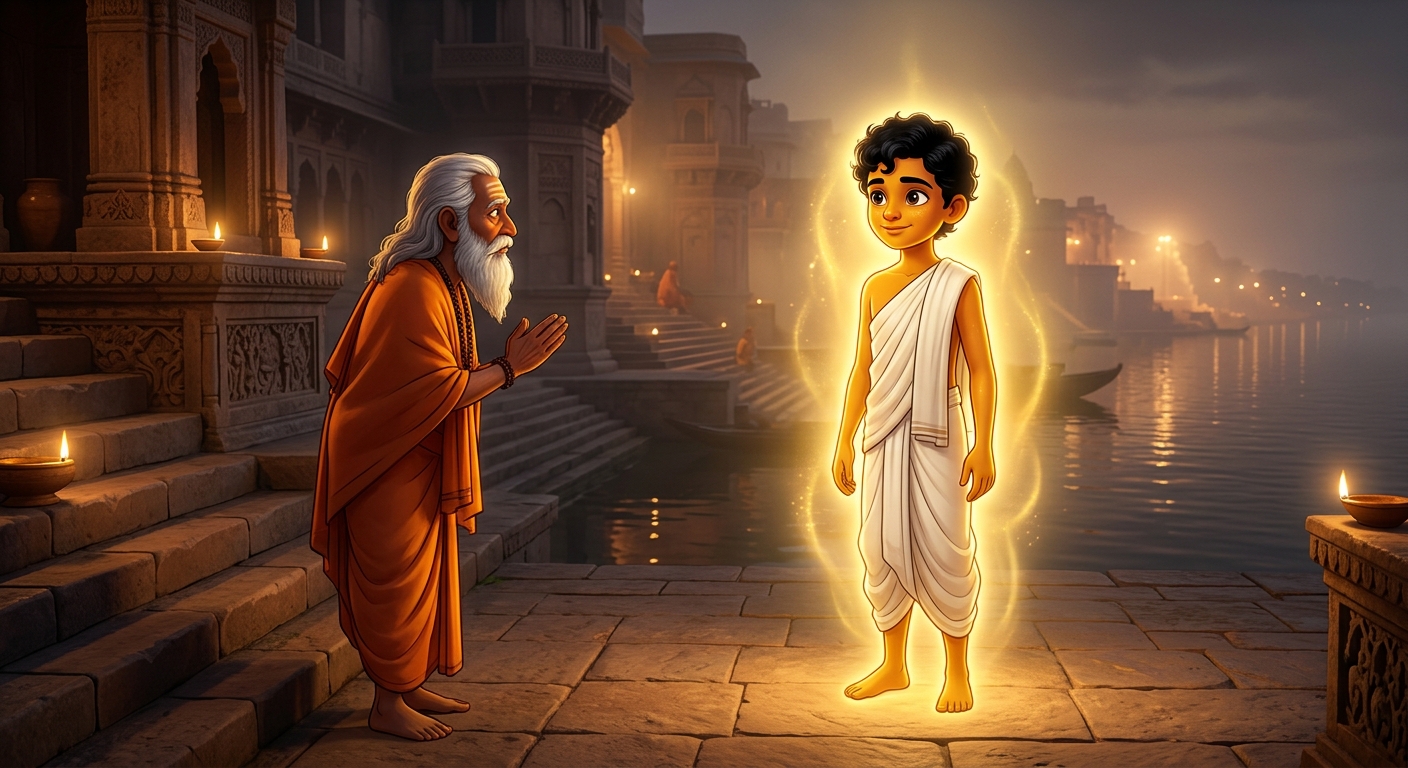 Kabir re-appearing with a golden glow reciting the doha of the Ocean and Drop