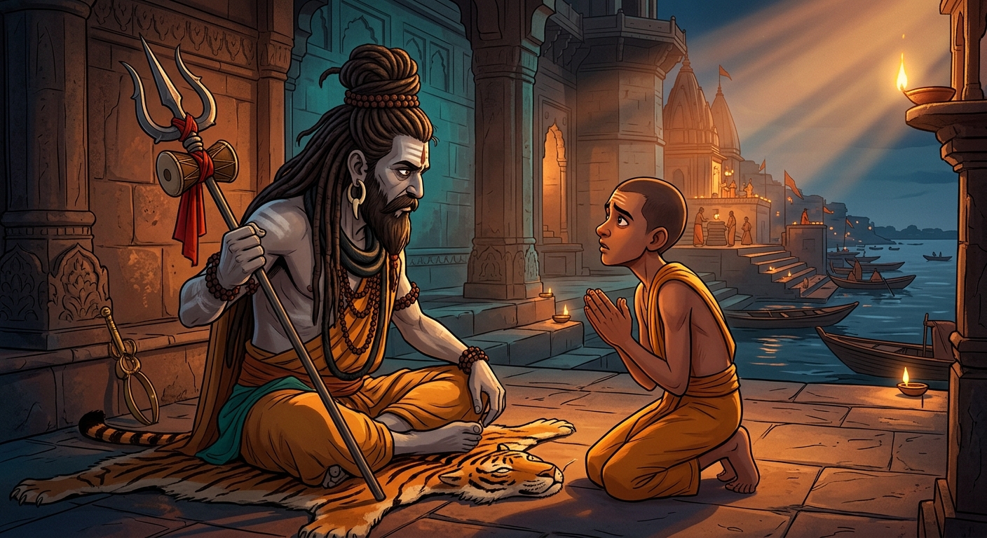 Gorakhnath kneeling with trembling hands asking about the true essence in the body