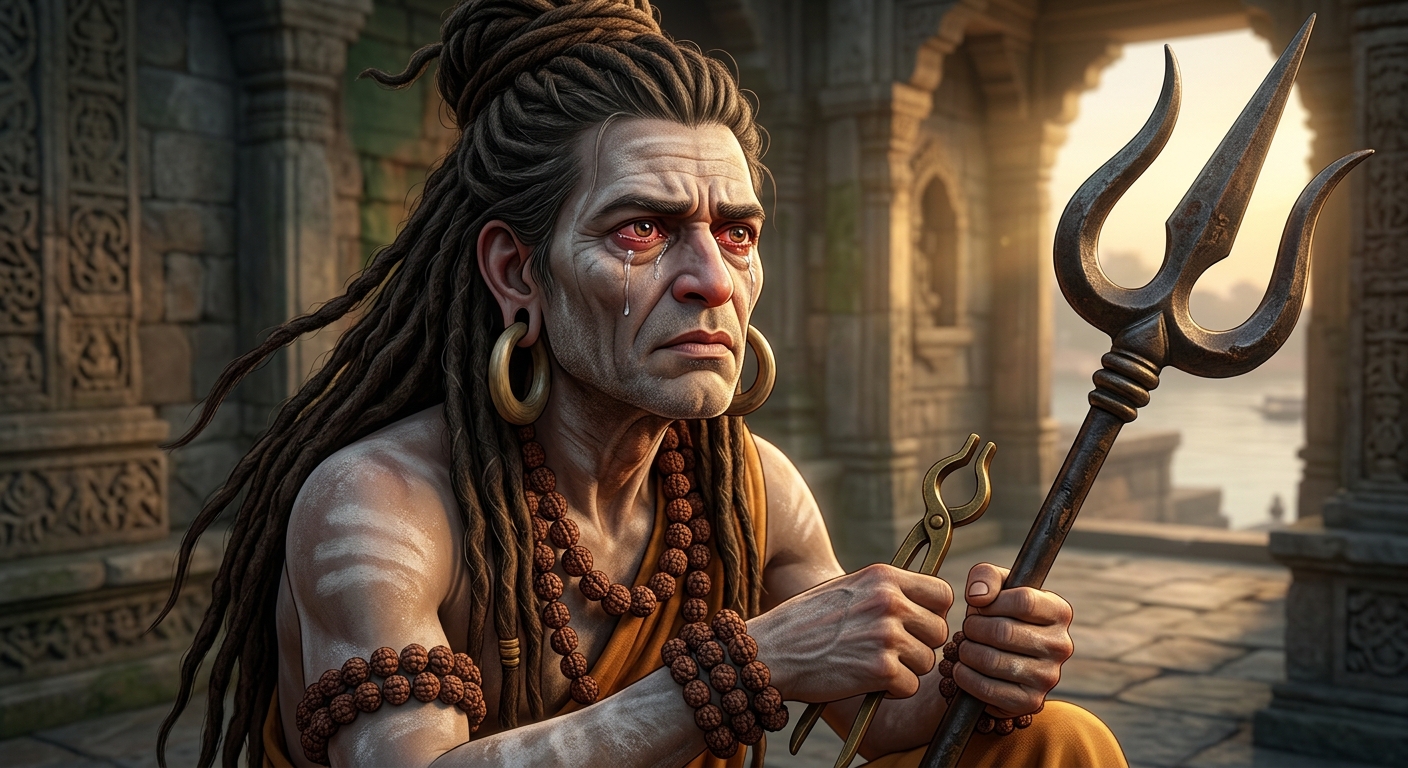 Gorakhnath listening with tears forming in his piercing yogic eyes