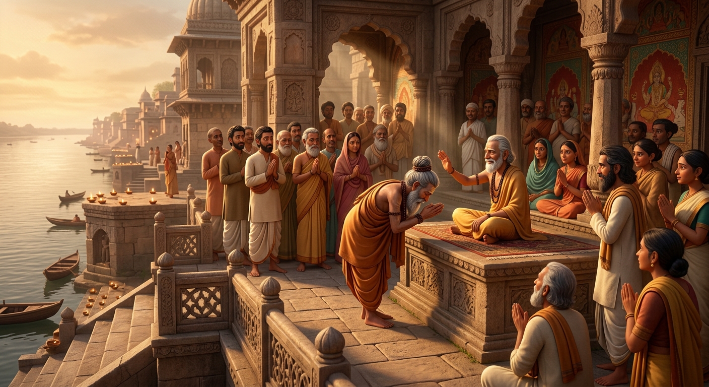 The assembled disciples in Ramanand's ashram watching in breathless silence