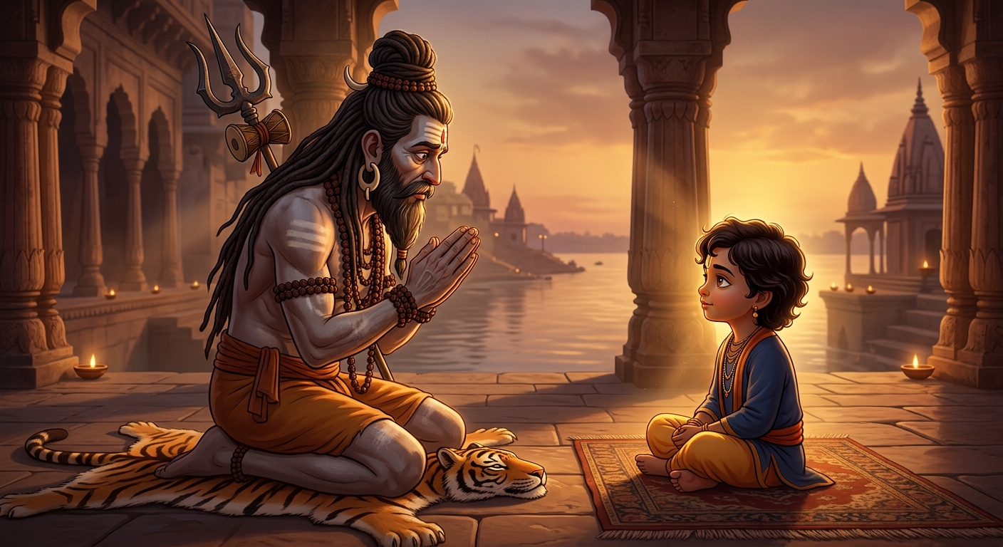Humbled Gorakhnath clasping hands asking Kabir's true age and identity