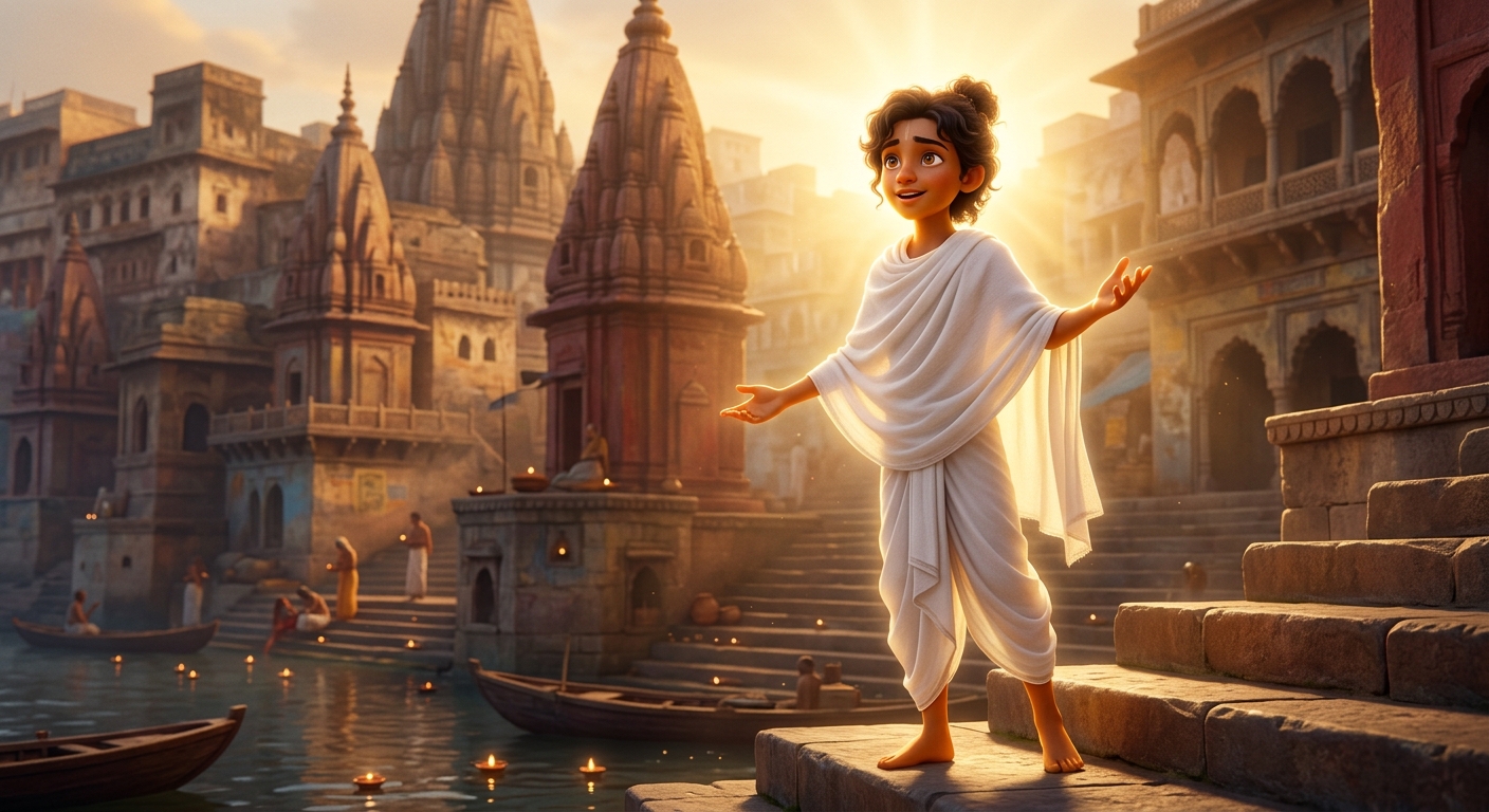 12yo Kabir standing in pure white robes with a brilliant celestial golden light reciting the immortal cosmic Pada