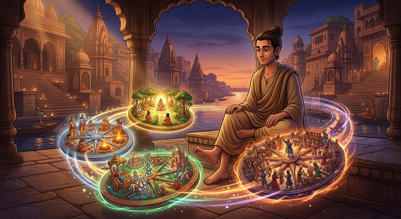 Cosmic vision showing the cycles of four Yugas revolving like wheels around Kabir's feet