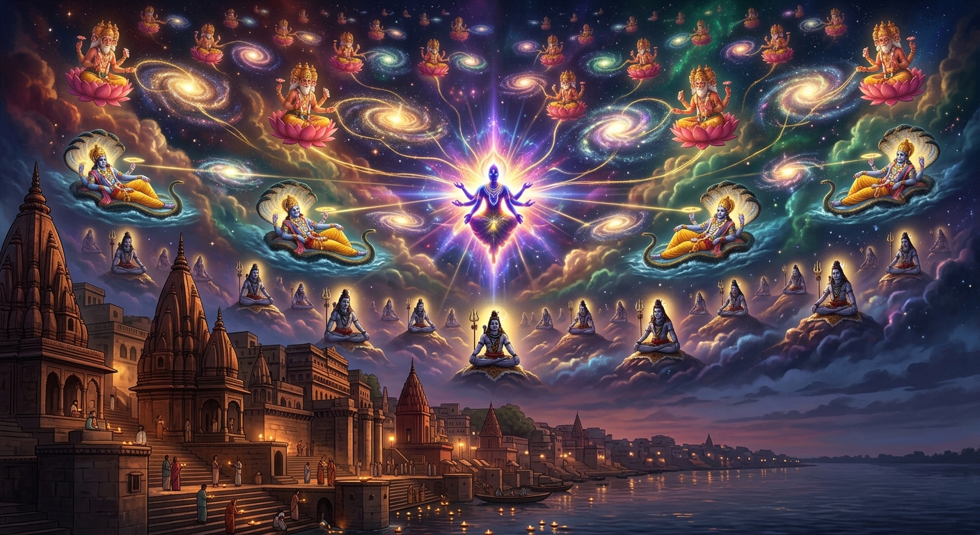 Cosmic vision showing millions of Brahmas, Vishnus, and Shivas attending the Supreme Lord