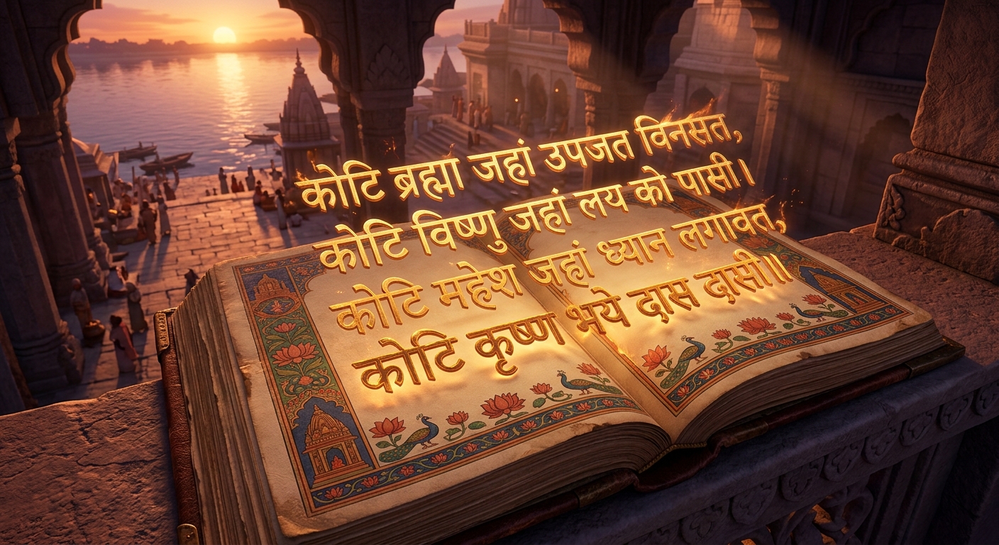 Golden celestial calligraphy of the immortal verse on the creation of millions of Brahmas, Vishnus, Shivas