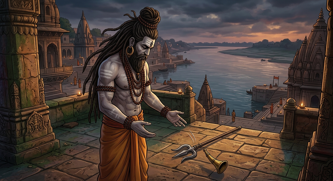 Gorakhnath dropping his iron trident and horn-whistle to the stone floor in total surrender