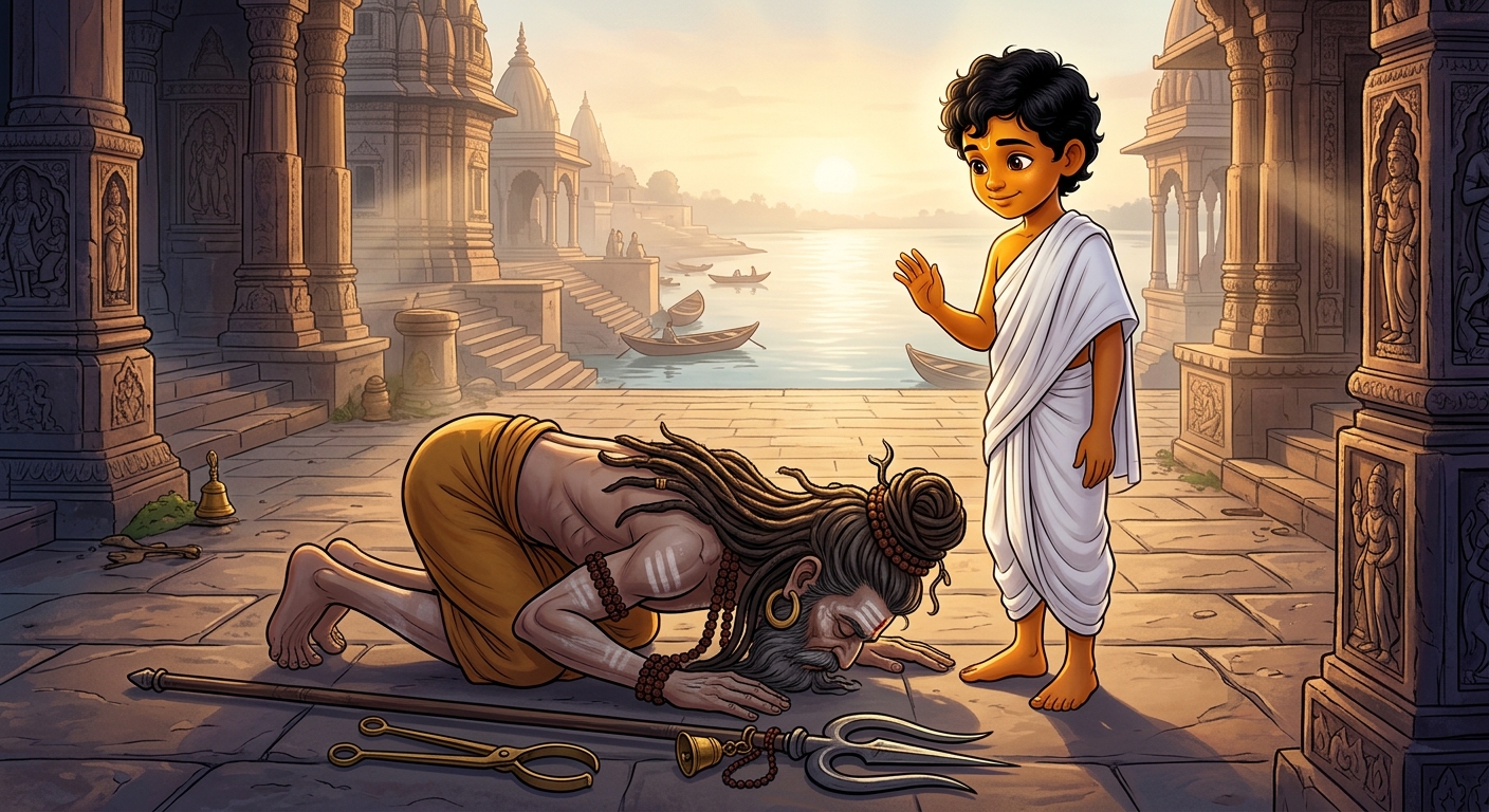 500yo Gorakhnath falling prostrate with forehead touching stone floor at the feet of 12yo Kabir in pure white clothes