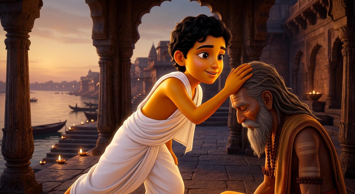 Kabir placing his right hand upon Gorakhnath's head giving Naam Diksha