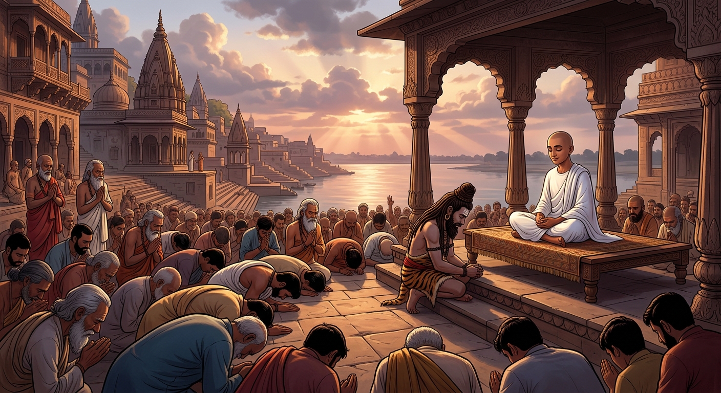 The entire ashram of Swami Ramanand bowing in deep reverence as Gorakhnath sits as a humble disciple at Kabir's feet