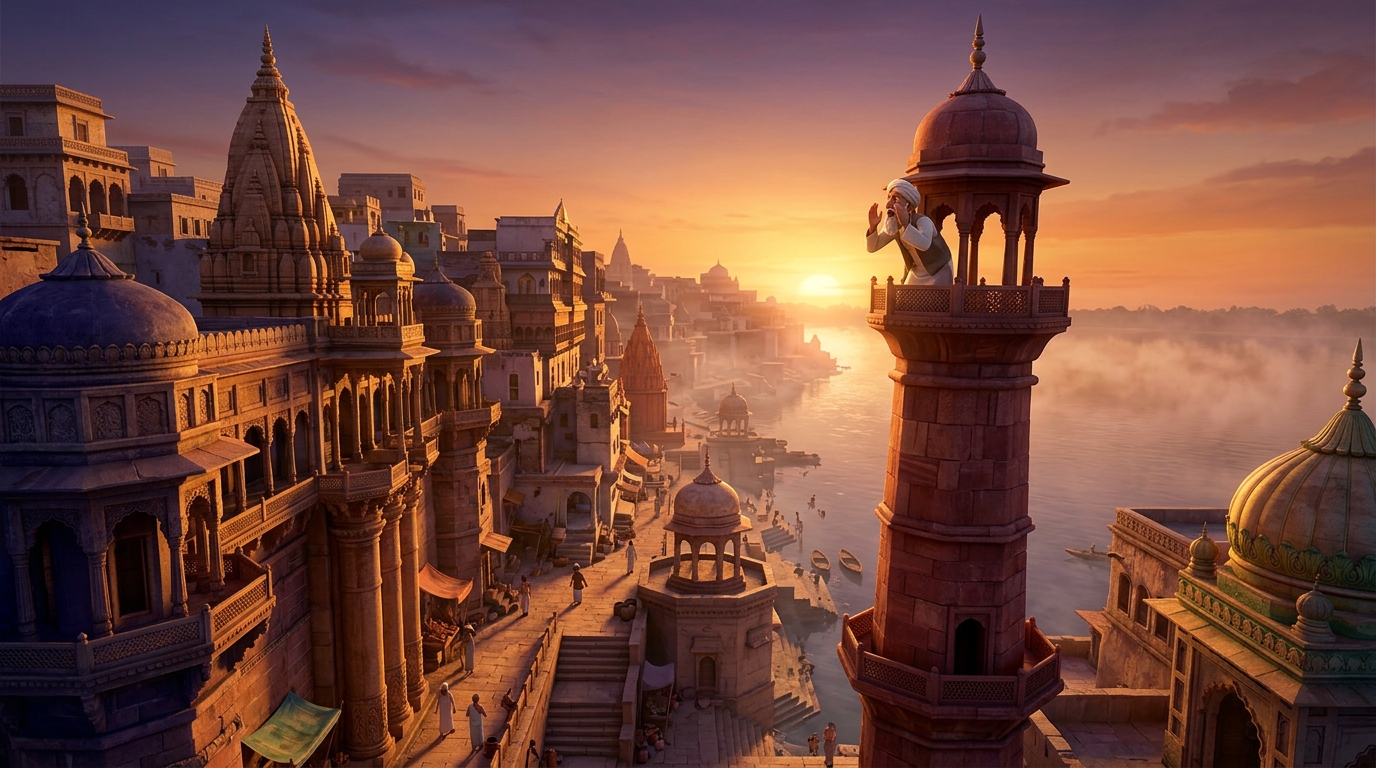 Dawn breaks over a tall red sandstone mosque minaret as an orthodox Mullah climbs to the top