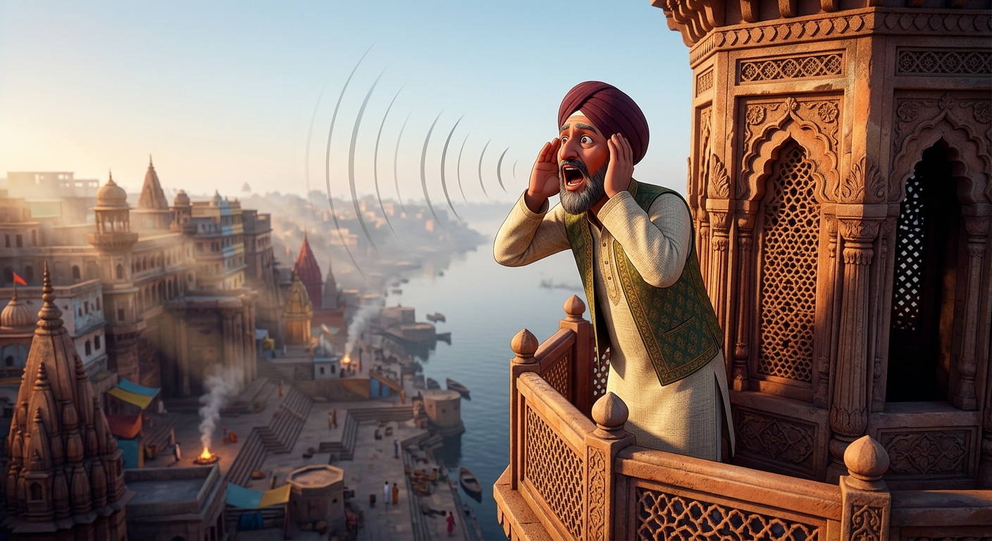 The Mullah screaming loudly from the minaret tower into the quiet sky