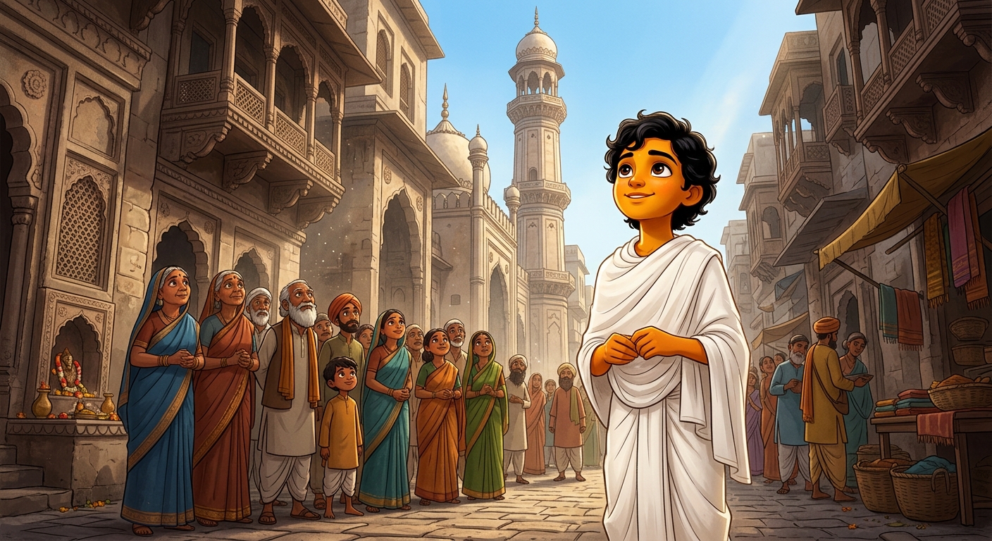 14yo Kabir standing in pure white clothes looking toward the minaret with a compassionate smile