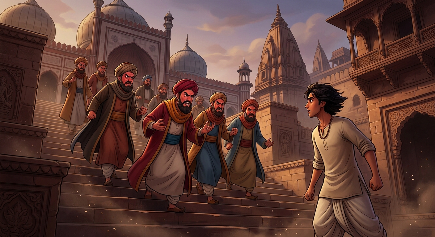 The Mullah and clerics descending from the mosque in flushed anger muttering furiously
