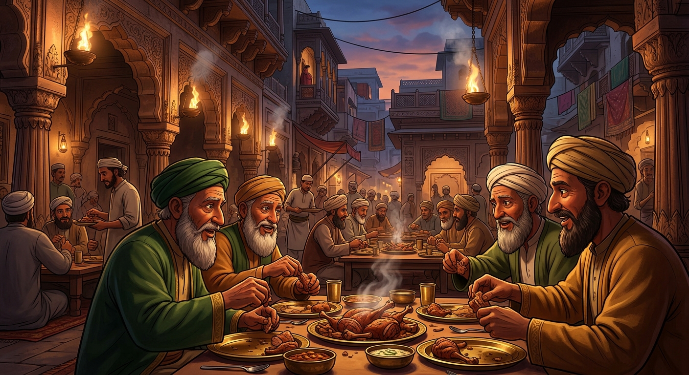 An evening banquet where clerics feast on slaughtered meat after a day of fasting