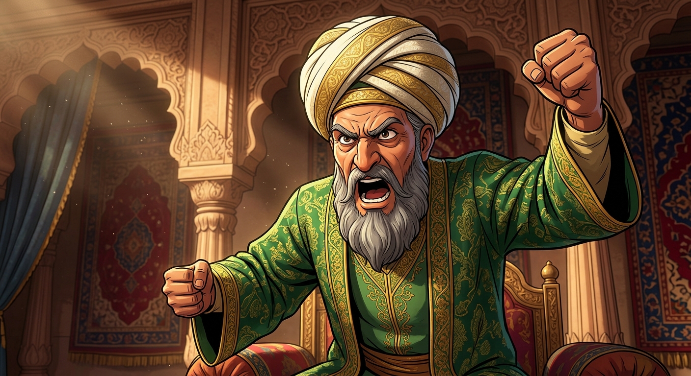 The Chief Qazi rising furiously with clenched fists shouting at Kabir