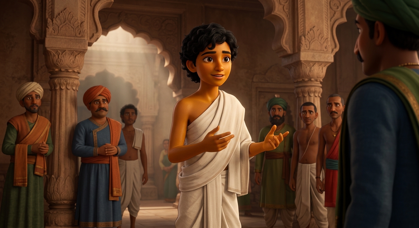 Kabir in pure white robes questioning the Qazi with piercing logic on gender and circumcision
