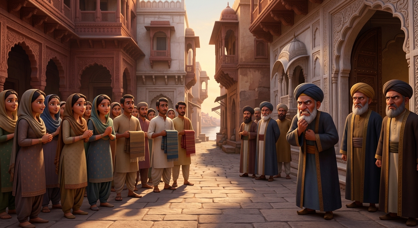 Muslim women and weavers looking on with nods of realization as Qazis grind teeth in defeat