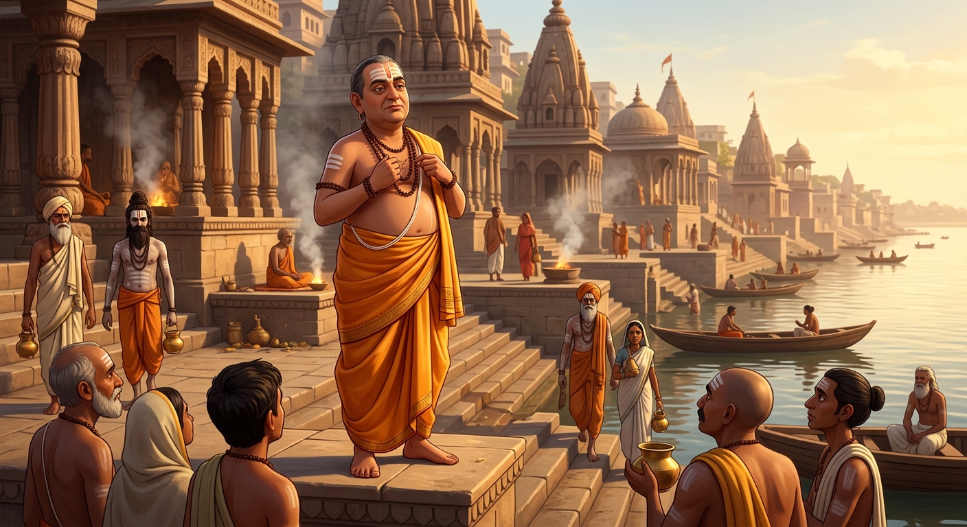 The Chief Pandit on the Ganga steps boasting of his Brahmin birth and touching his Janeu