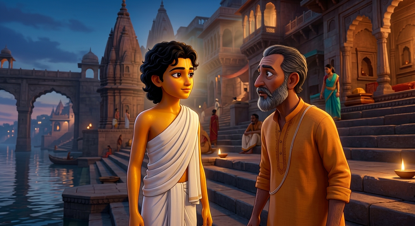 Kabir looking into the Pandit's eyes questioning birth and Janeu