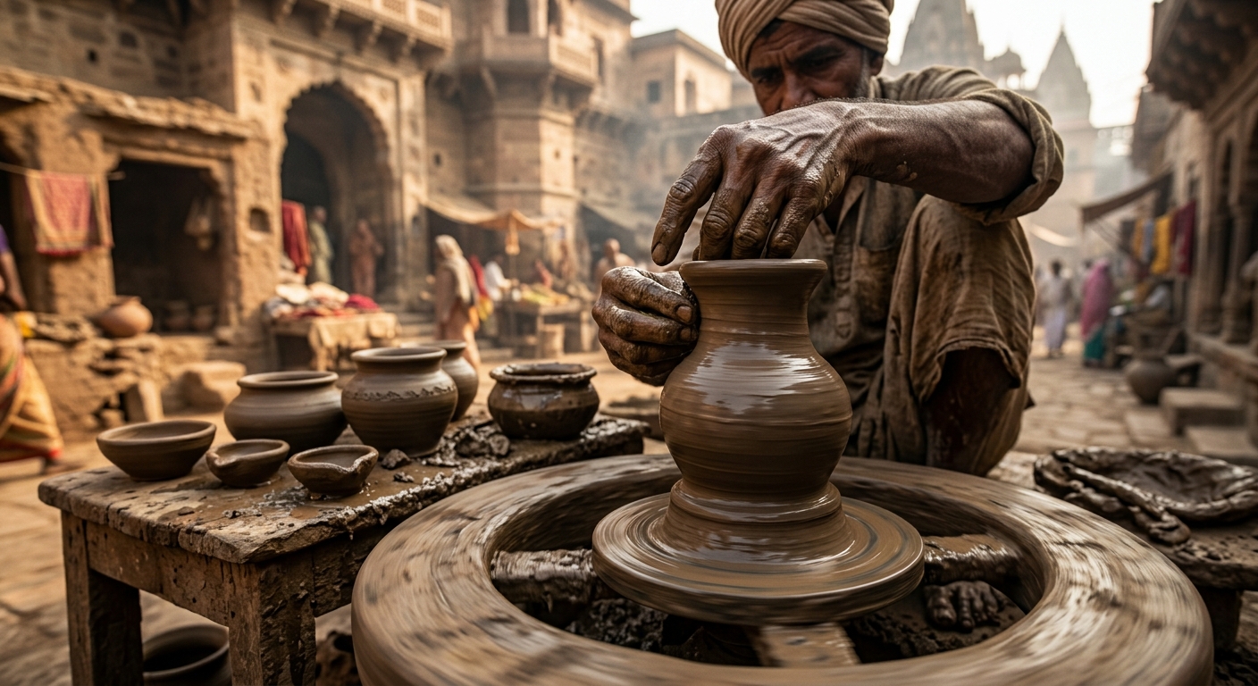 A village potter's wheel shaping different pots from a single lump of brown clay