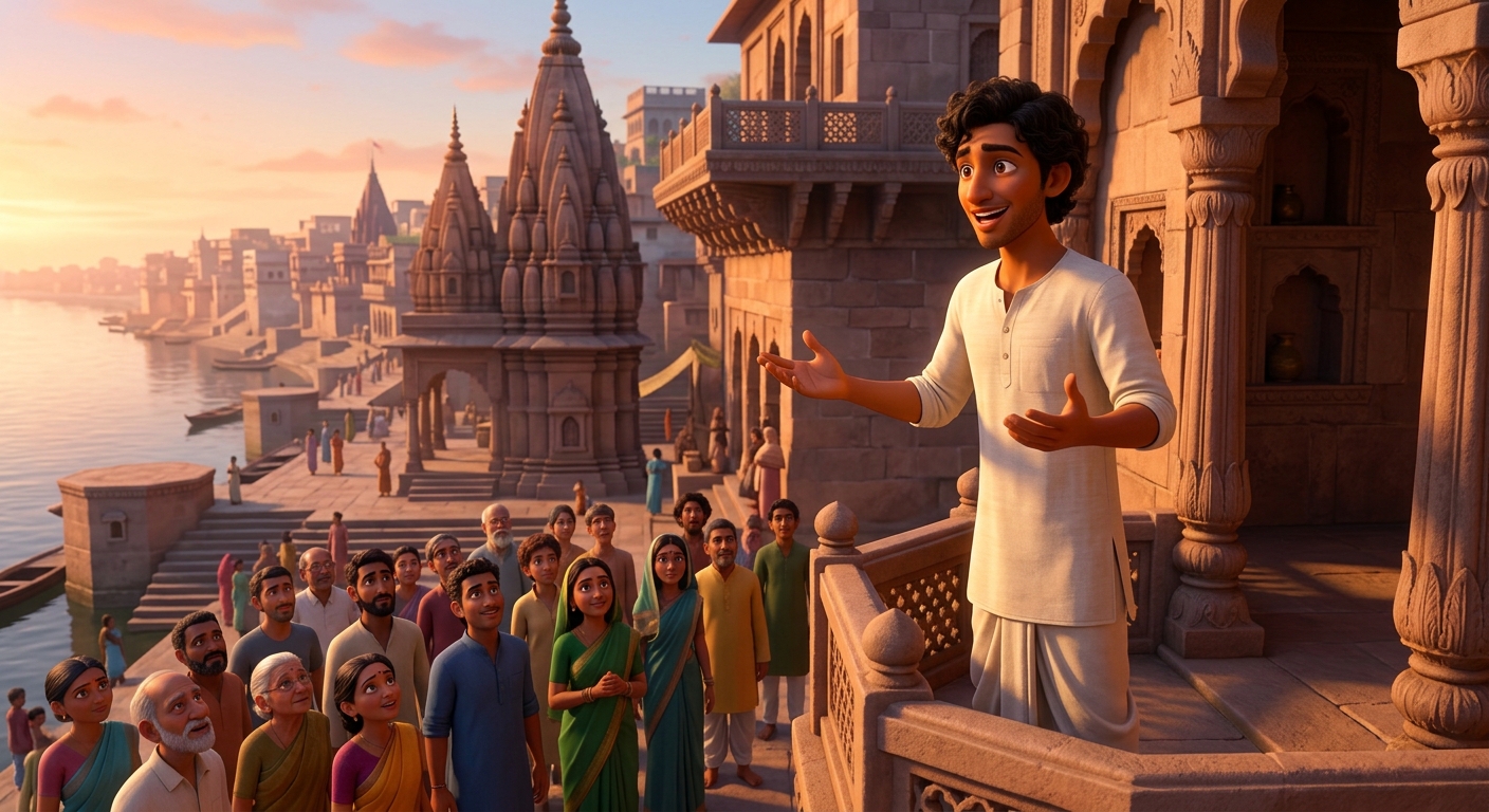 Kabir declaring the immortal verse on the oneness of all human clay