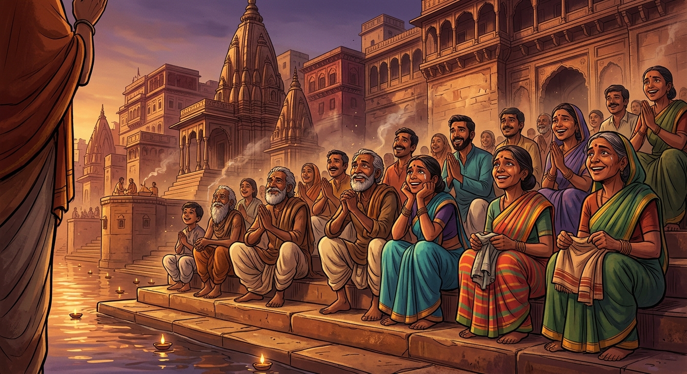 Humble devotees and weavers on the ghat smiling in deep joy and dignity