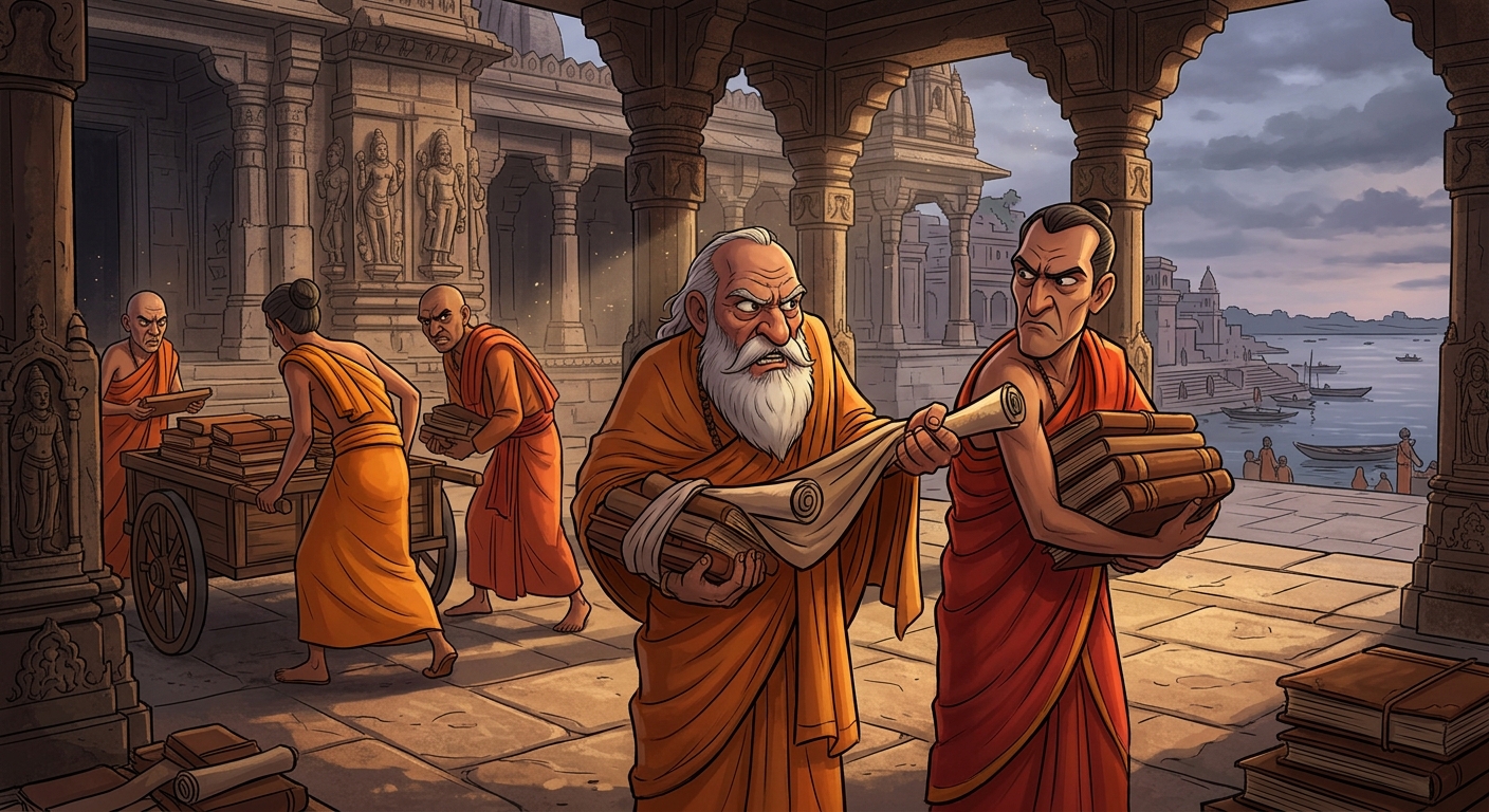 Proud Brahmin scholars gathering scriptures in deep bitterness and hostility