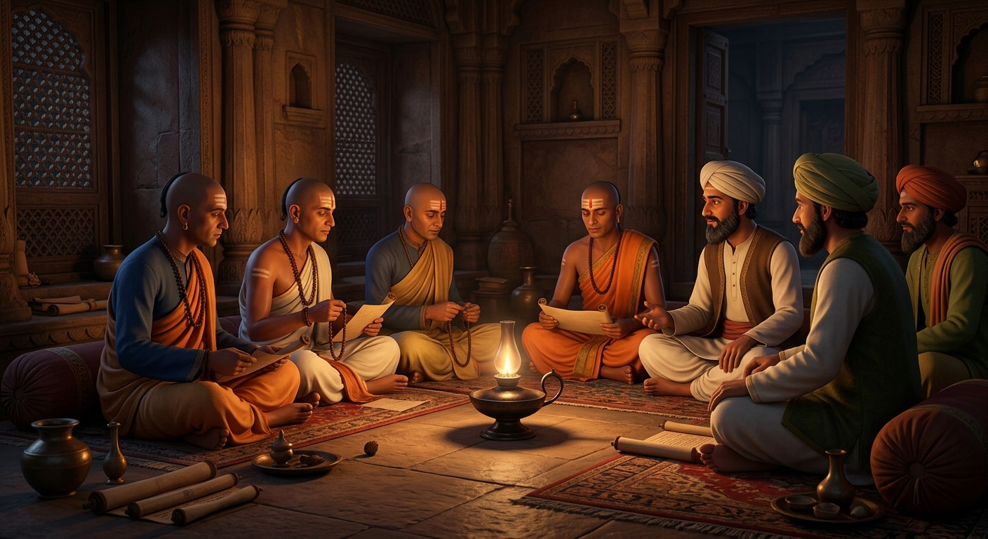 A secluded dark room in Varanasi lit by a smoky bronze lamp with Pandits and Qazis sitting together