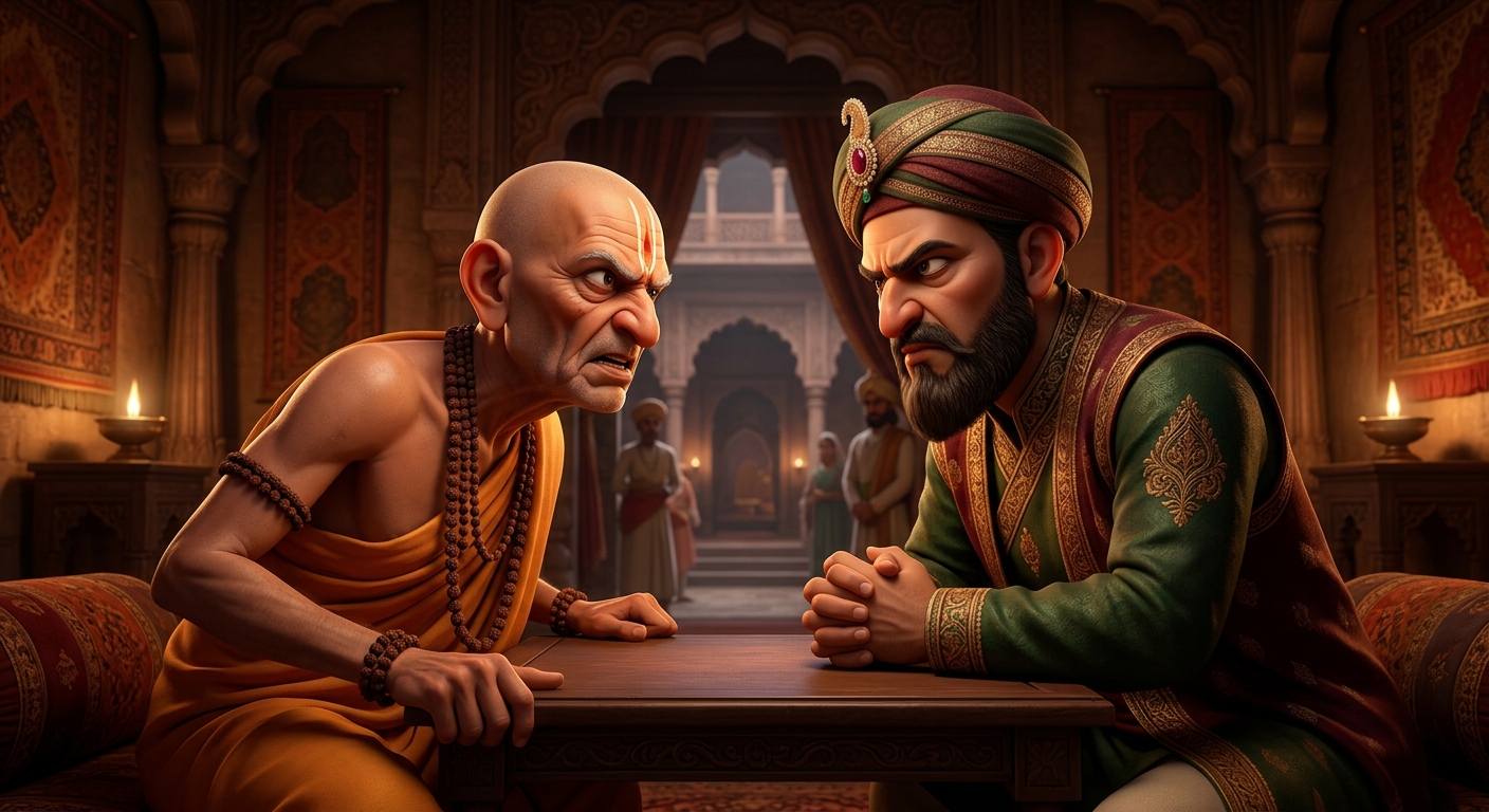 Chief Pandit and Chief Qazi leaning across a low wooden table in conspiracy
