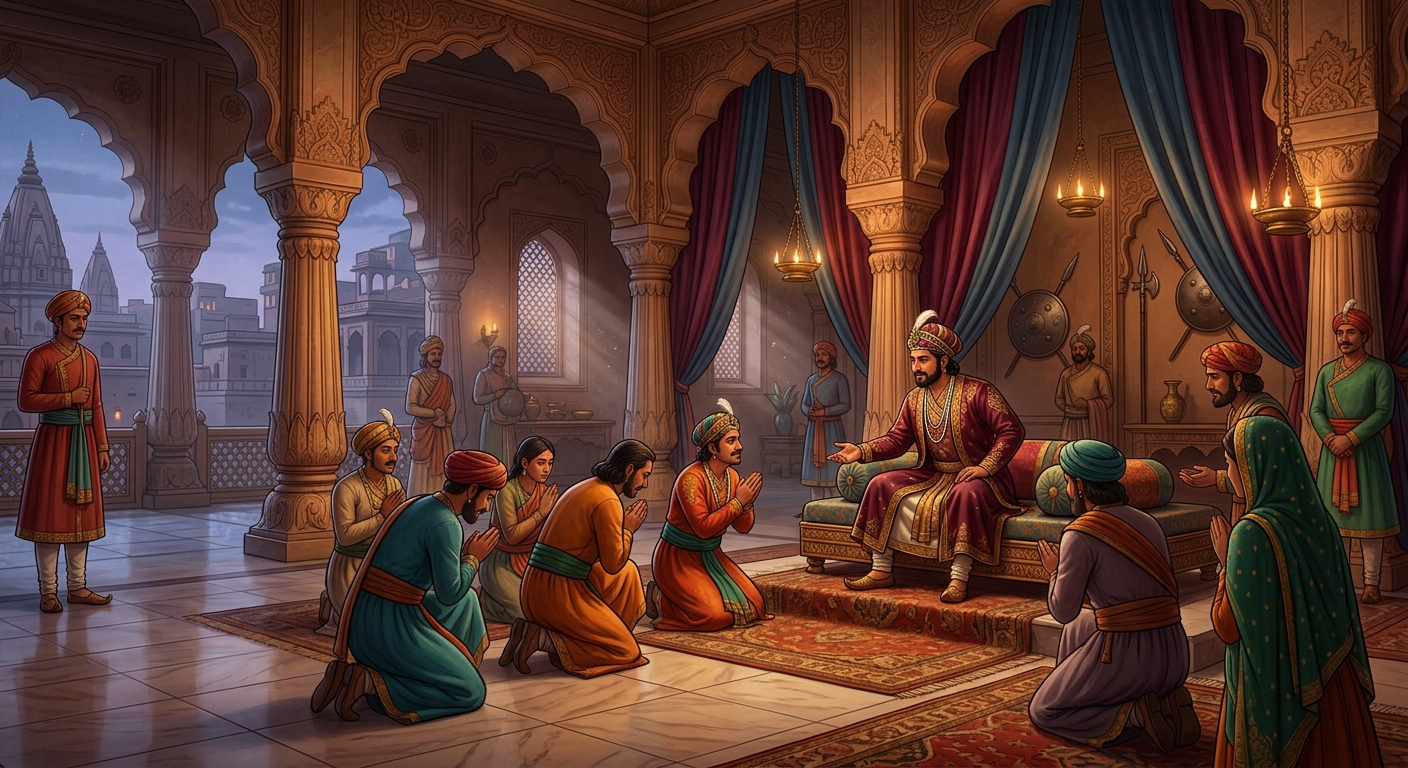 Grand palace pavilion of Sultan Sikandar Lodi with silk drapes and royal guards