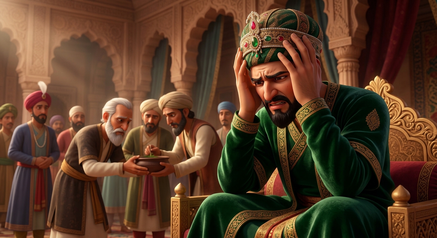 Sultan Sikandar Lodi writhing in agonizing burning skin pain on his throne
