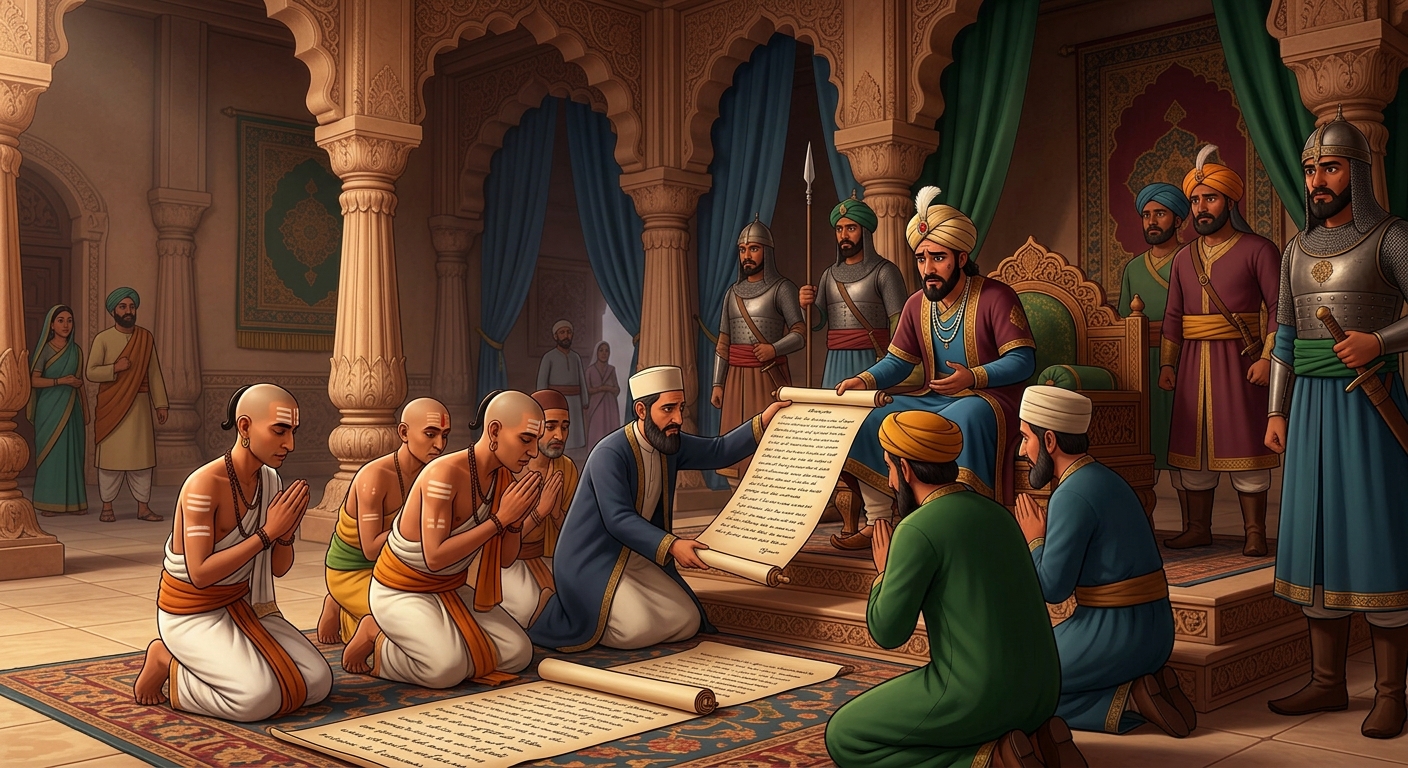 Delegation of Pandits and Qazis kneeling before the agonizing Sultan submitting their scroll