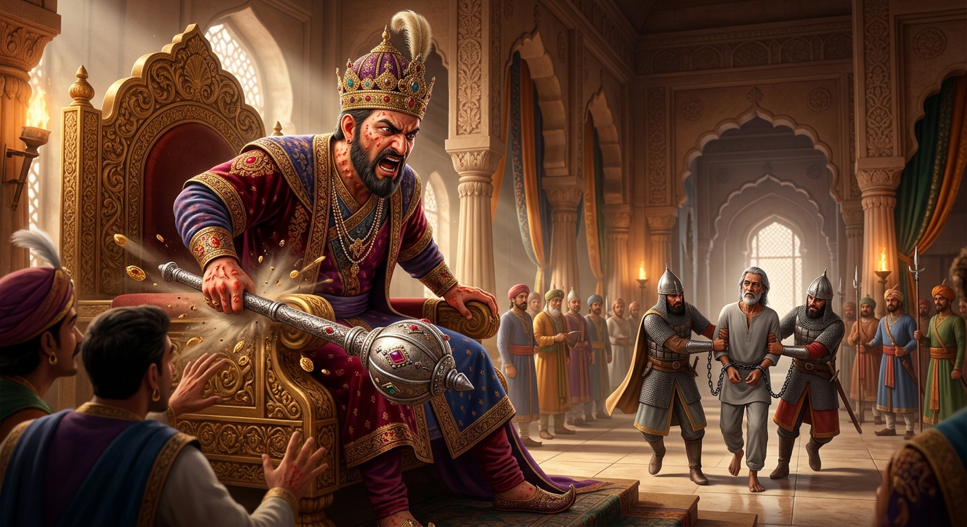 Sultan Sikandar Lodi slamming his royal mace down in rage commanding Kabir's arrest