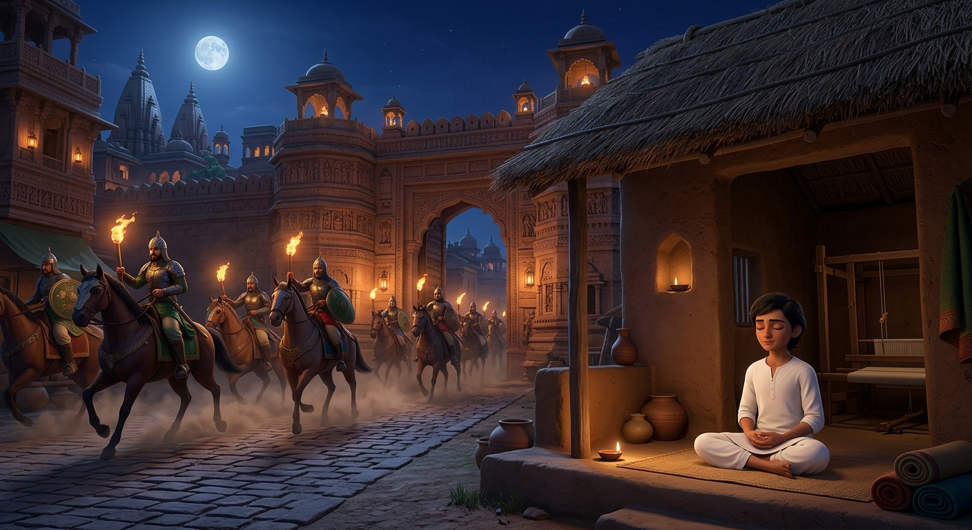 Armored royal cavalry riding out under moonlight toward the weaver colony while 14yo Kabir sits peacefully in white robes