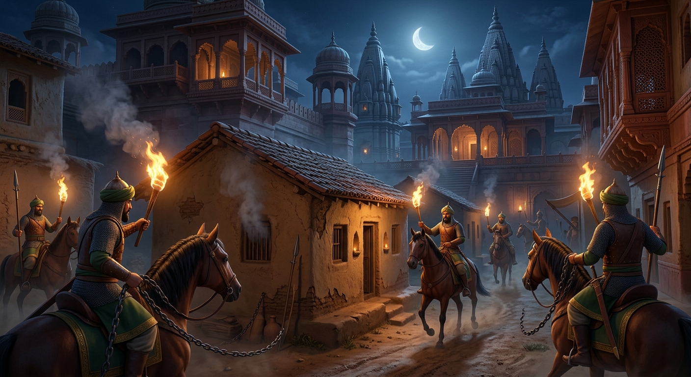 Armored royal soldiers on horseback surrounding Neeru's mud cottage with torches