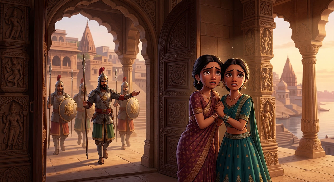Neeru and Neema weeping in distress at the doorway